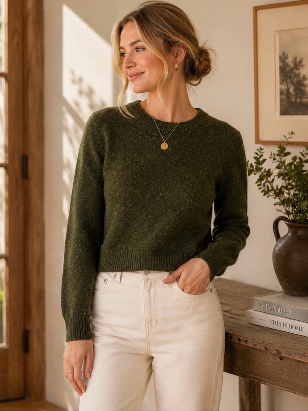 J. CREW Teddie Olive Crewneck Sweater Size M Wool Blend Classic Minimalist Piece